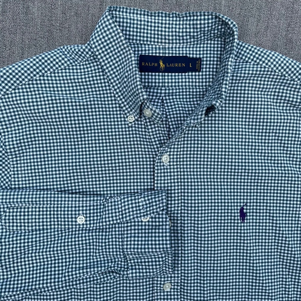 Ralph Lauren Mens Gingham Button Down Shirt Green White Large Long Sleeve Pony